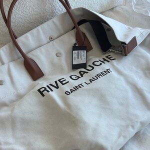 Saint Laurent Canvas Tote in Off-White with Brown Leather Handles
